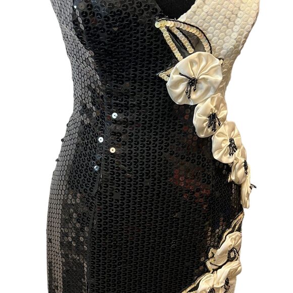 Vintage 80s Alyce Design Prom Sequin Cocktail Dress Black White Cruella de Vil 8 - Picture 3 of 16